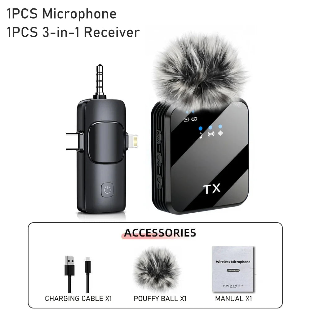 3-in-1 Wireless Microphone — Crystal Clear Audio for iPhone, Android & Cameras