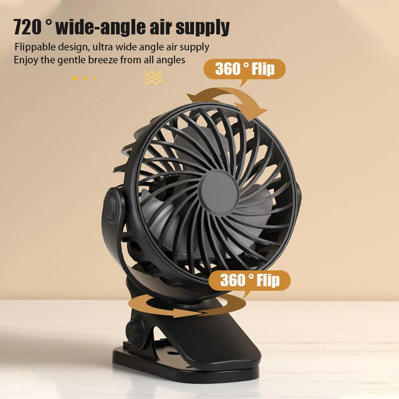 Rechargeable Clip Fan — 720° Rotating Portable Fan with Night Light