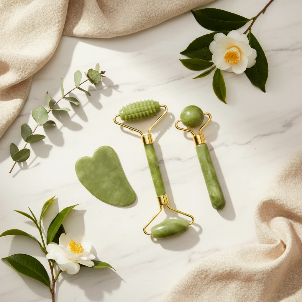 Jade Facial Roller & Gua Sha Set — De-Puff, Sculpt & Glow with Korean Beauty's Favourite Duo